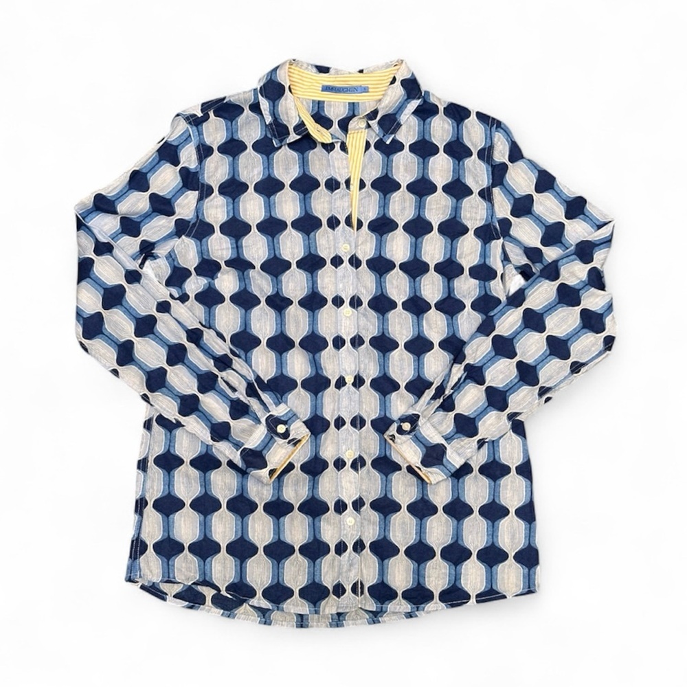 J.McLaughlin Lois Long Sleeve Shirt Blue Print Preppy Coastal Fall Fashion S